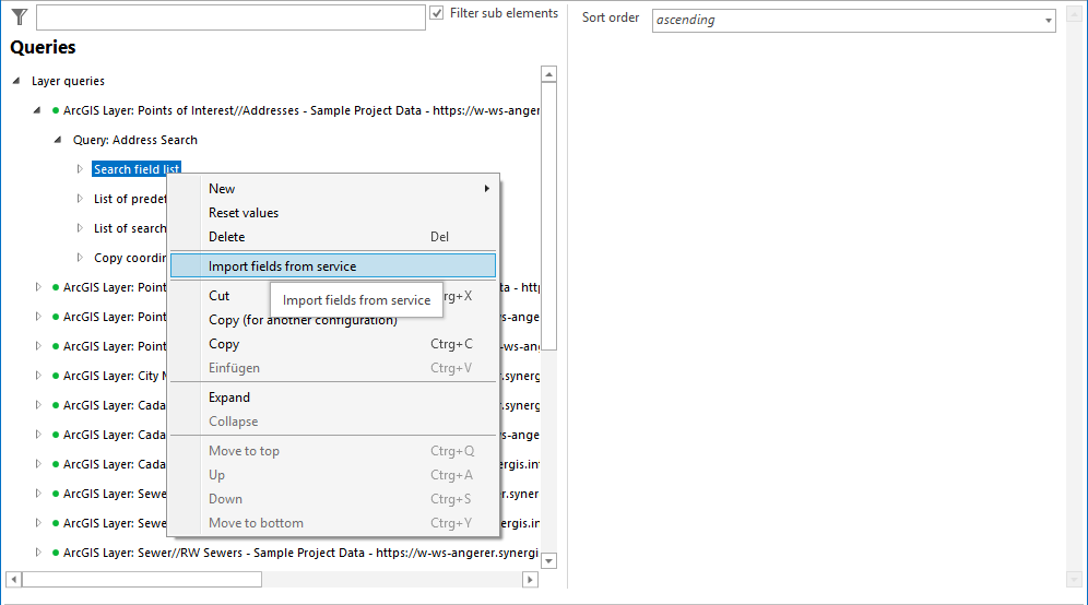 Automatic import of search fiels of the service