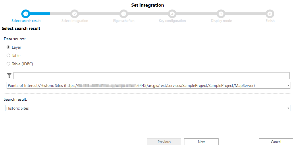 Selection of the search result for which the integration is to be created.