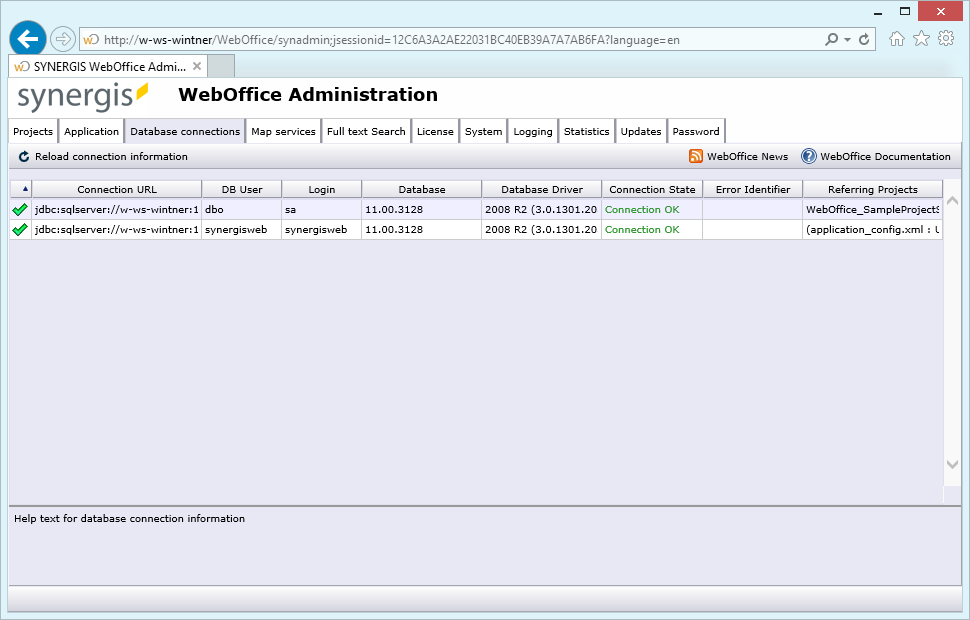 SynAdmin database connections tab SynAdmin database connections tab