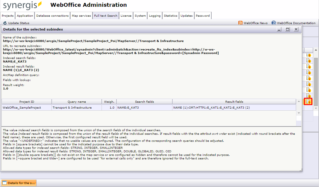 SynAdmin full text search subindex details