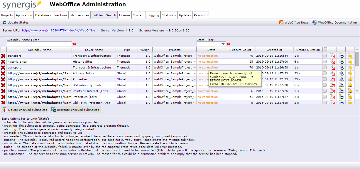 Visualization of the state "no connection" in SynAdmin