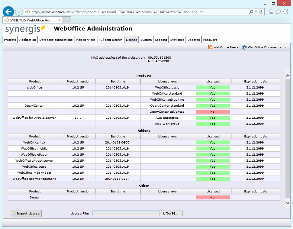 SynAdmin license tab