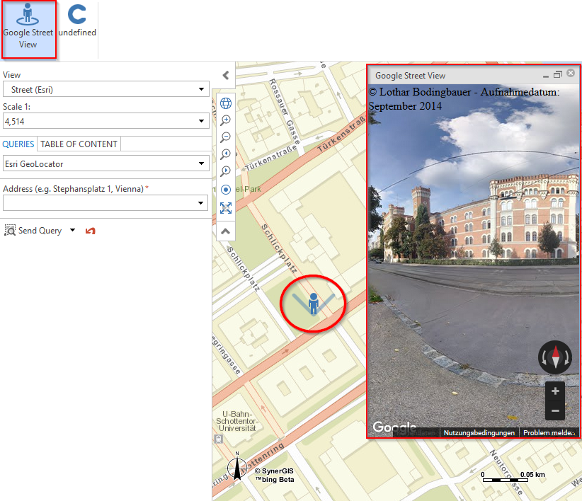 Google Street View widget with symbol and cone of view in the main map display