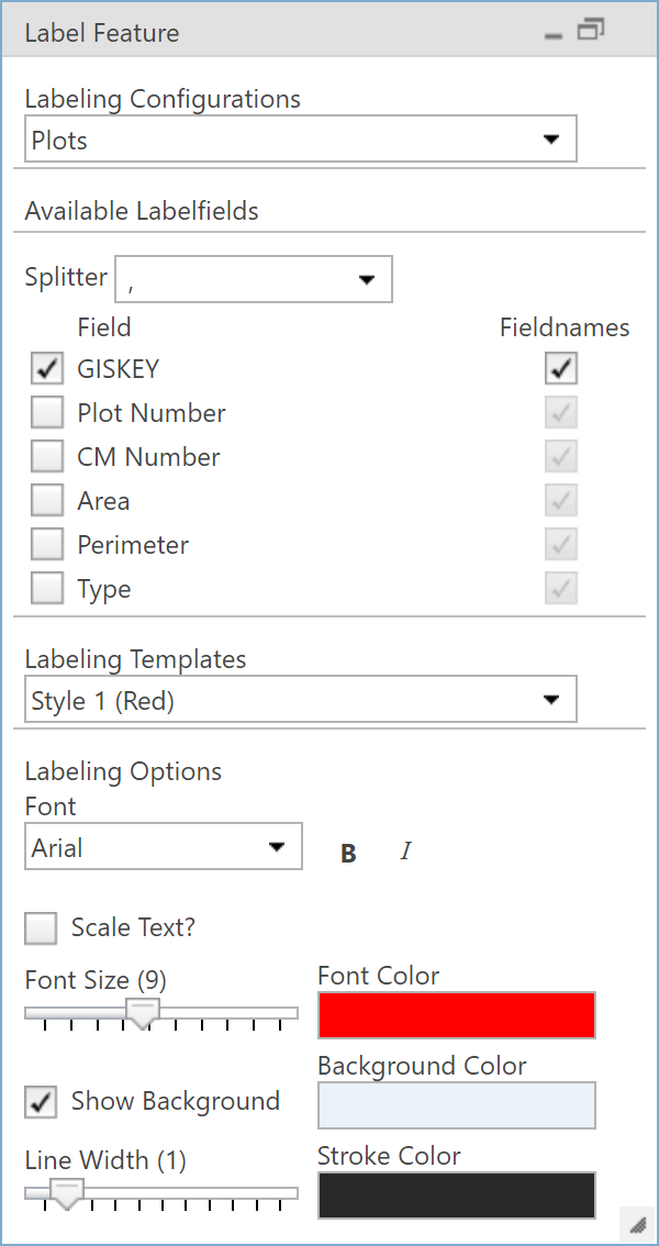 Fully expanded "Label Feature" tool dialog in the WebOffice core client Fully expanded "Label Feature" tool dialog in the WebOffice core client