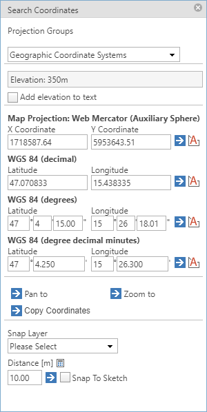 Coordinate search tool form in the WebOffice core client - multiple coordinate systems