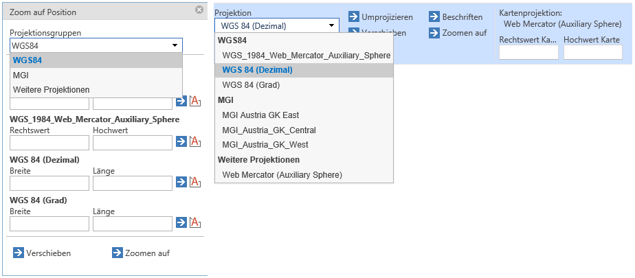 Coordinate search tool form in the WebOffice core client depending on all projections - yes (left) and no (right)
