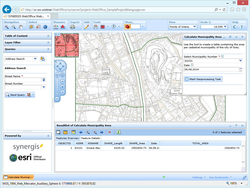 Activated Calculate Municipality Area tool in the WebOffice html client