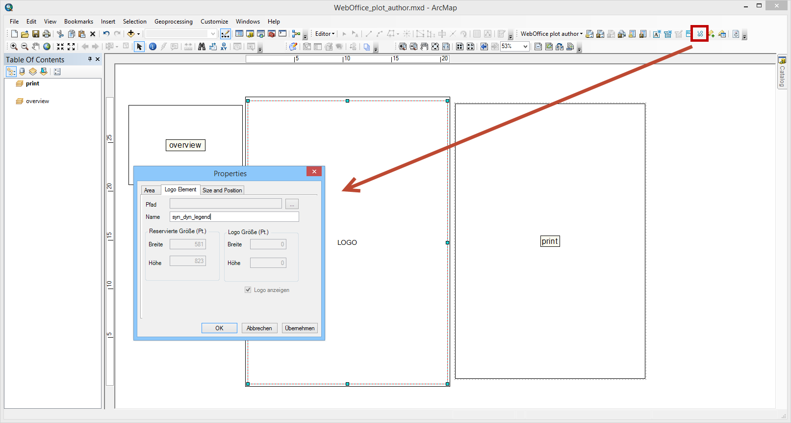 Open WebOffice_plot_author.mxd with activated dataframe "print" and "layout view" and insert a logo image Open WebOffice_plot_author.mxd with activated dataframe "print" and "layout view" and insert a logo image