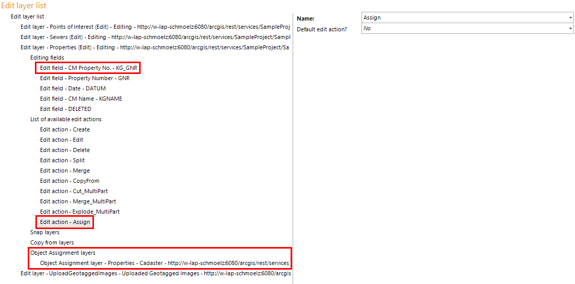 Configuration of an object assignment layer in the target layer in the edit layer list