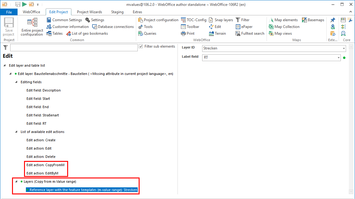 Configuration of an edit layer with edit actions "CopyfromM" and "EditByM" as well as reference layer with m value range