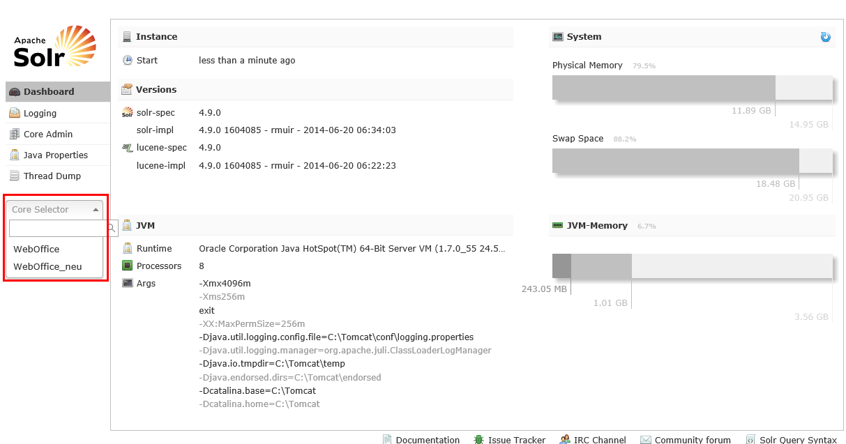 WebOffice FTS-Index Dashboard with new created core&nbsp;