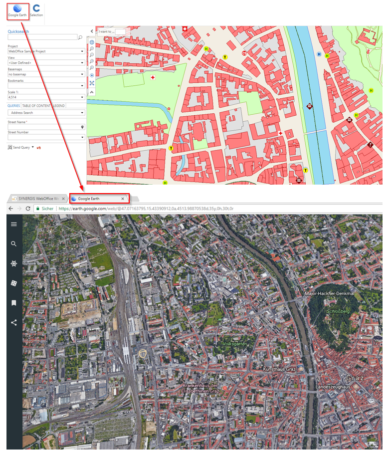 Execution of the Custom Tool after which a new tab/window opens, in which Google Earth © is called. Execution of the Custom Tool after which a new tab/window opens, in which Google Earth © is called.