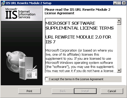 Accepting the license for IIS URL Rewrite Module installation
