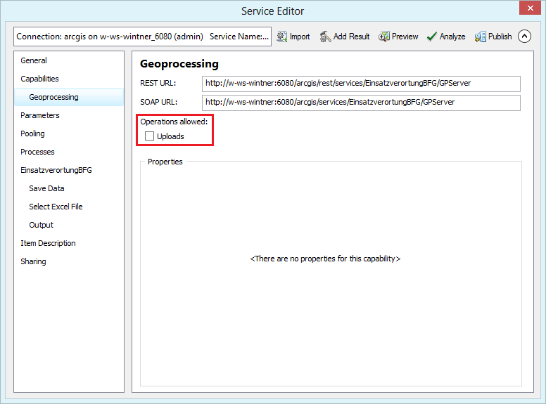 Geoprocessing settings in the service editor Geoprocessing settings in the service editor