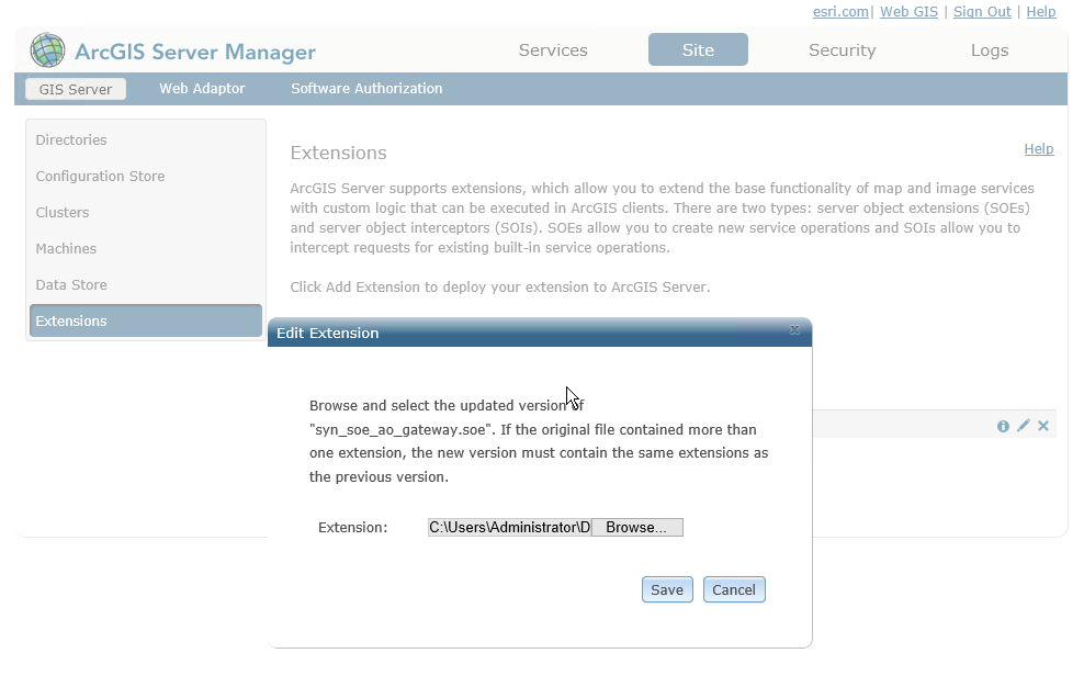 Updating the Server Object Extension via ArcGIS Server Manager Updating the Server Object Extension via ArcGIS Server Manager