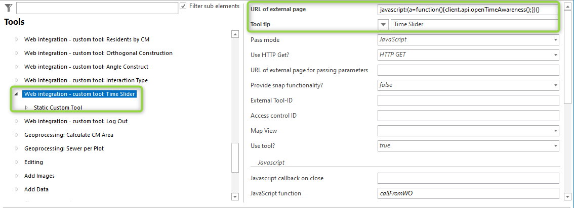 Configuration of the custom tool for "time slider" in the toolbar Configuration of the custom tool for "time slider" in the toolbar