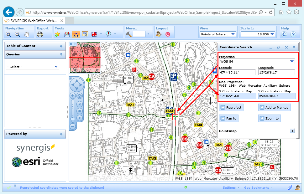 Reproject coordinates in WebOffice html client by placing a marker into the map