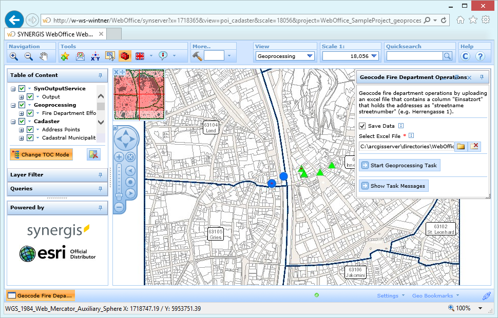 Geoprocessing tool example in the WebOffice html client