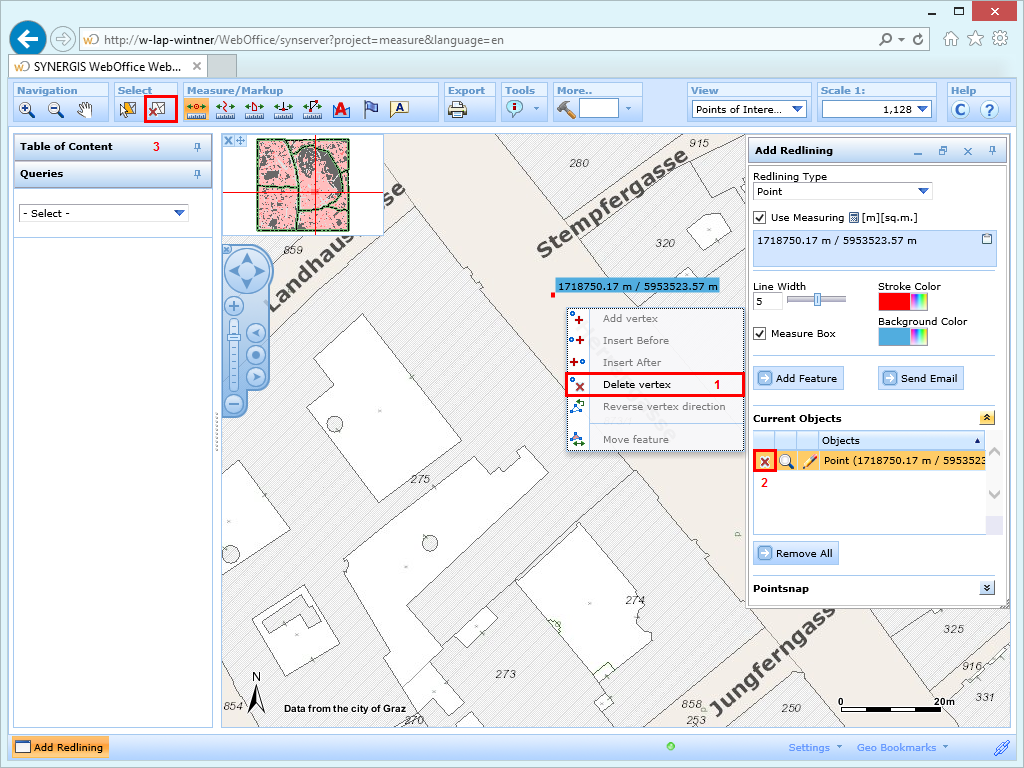 Three options to delete a measure point in the WebOffice html client