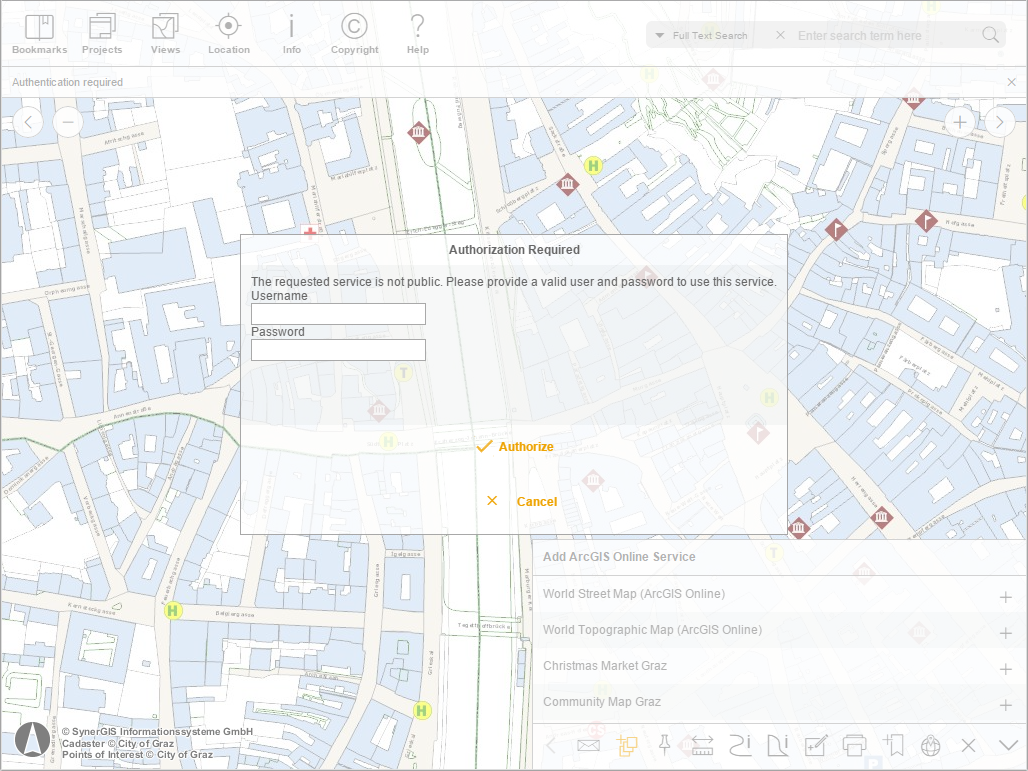 Authorization dialog for secured services in the WebOffice mobile client - tablet mode Authorization dialog for secured services in the WebOffice mobile client - tablet mode