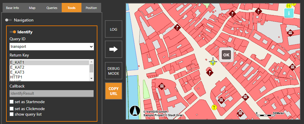 WebOffice map widget testcontainer - Identify via crosshairs