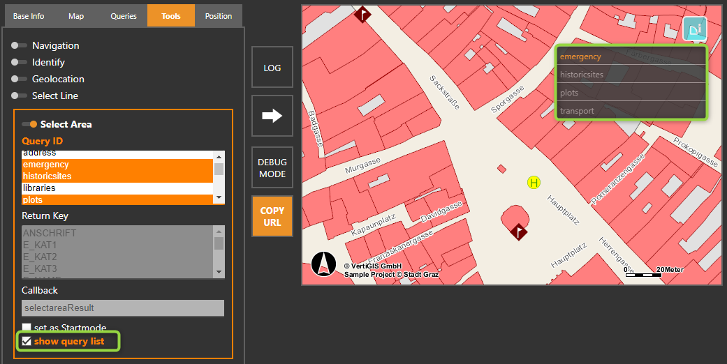 WebOffice map widget testcontainer - Select Area with enabled layer list