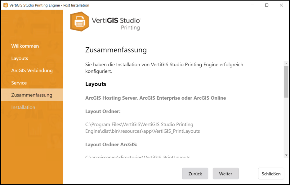 Summary of the configurations for the installation