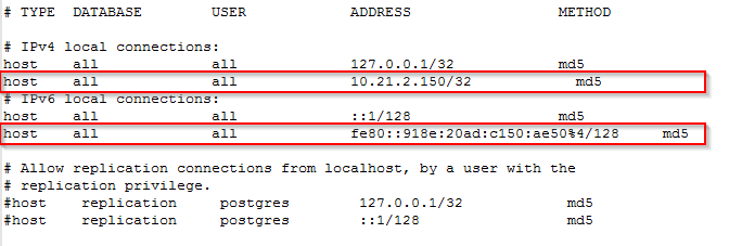 Inserting information about the IP addressing of the server in the file pg_hba.conf Inserting information about the IP addressing of the server in the file pg_hba.conf
