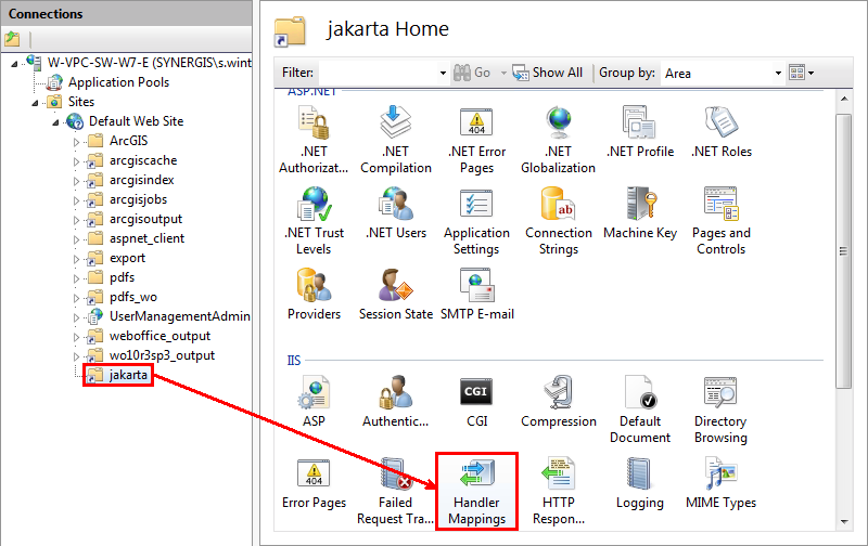 Open Handler Mappings of jakarta virtual directory in IIS Manager