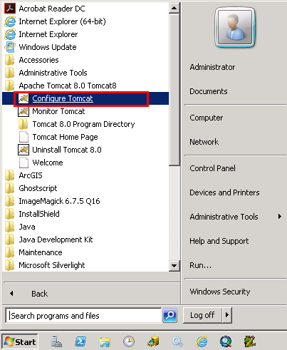 Configure Tomcat - start menu