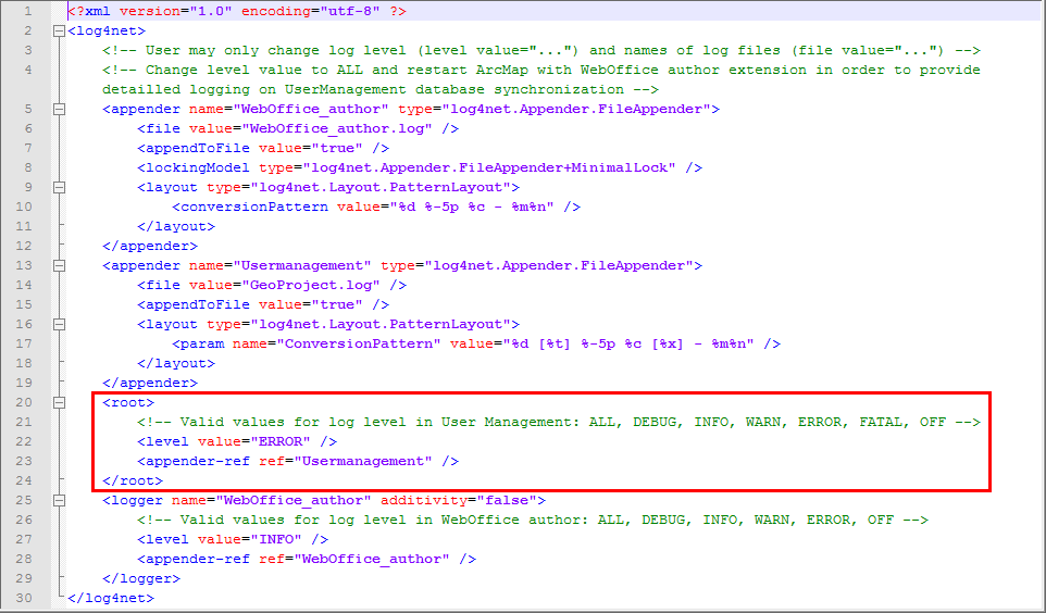 WebOffice_author-Log.config - Set log levels for GeoProject.log