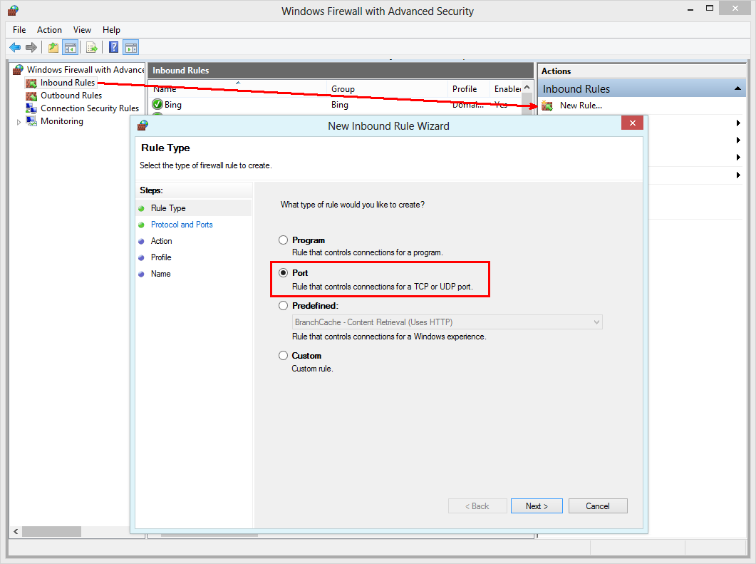 Windows Firewall with Advanced Security - Create a new inbound rule