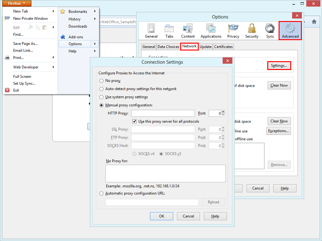 Configure proxy server settings in Mozilla Firefox
