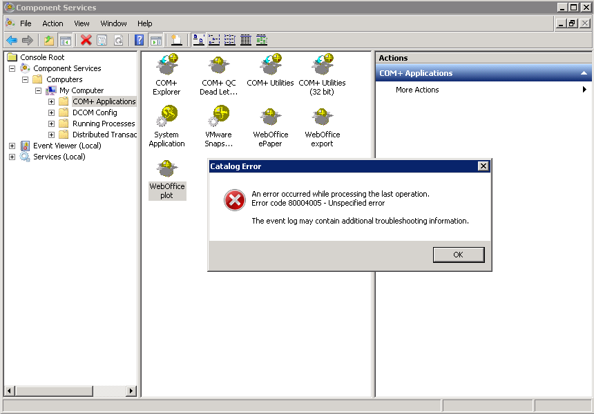 Unexpected error when restarting the COM+ services