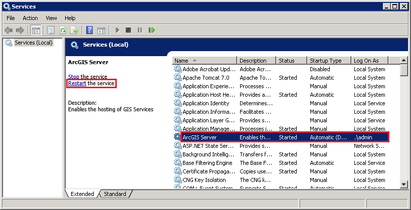 Restart ArcGIS Server service Restart ArcGIS Server service