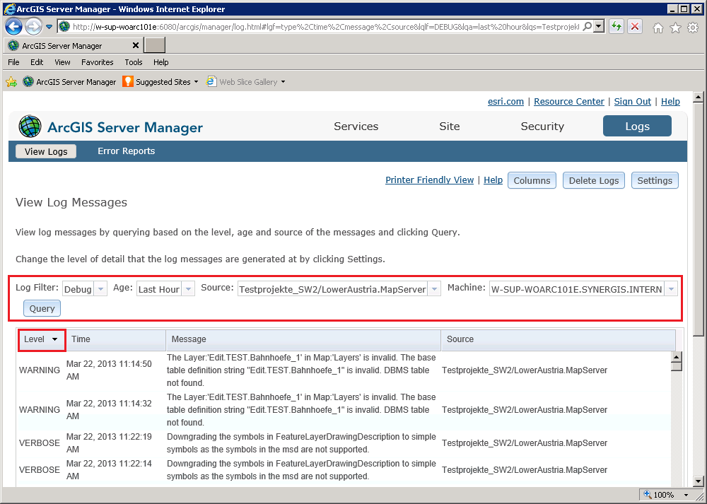 Example log showing that the layer "Edit.TEST.Bahnhoefe_1" is invalid. Therefore, no map content or queries for this layer would be available in WebOffice 10.9 R5 Example log showing that the layer "Edit.TEST.Bahnhoefe_1" is invalid. Therefore, no map content or queries for this layer would be available in WebOffice 10.9 R5