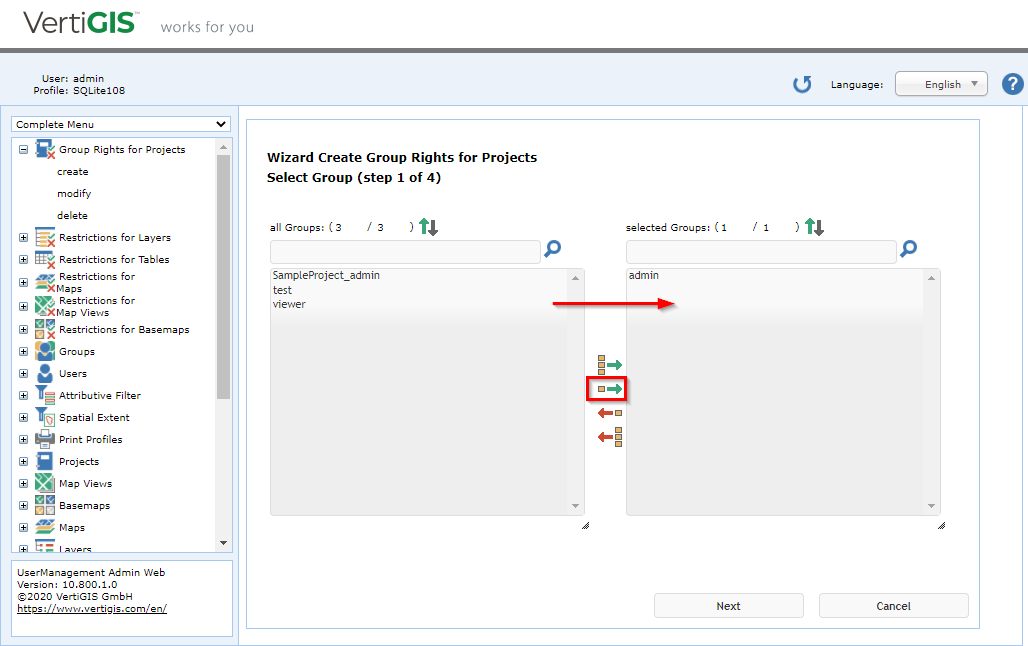 Group rights for projects - Step 1: Select group Group rights for projects - Step 1: Select group