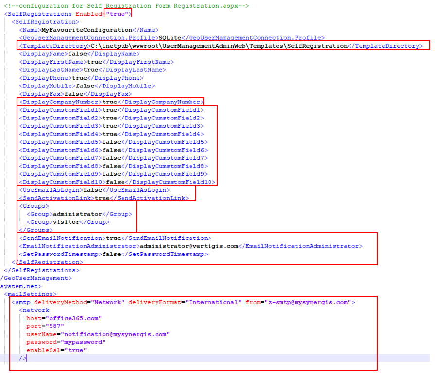 Configuration for self registration form in file web.config' Configuration for self registration form in file web.config'