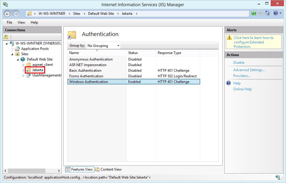 Authentication of Jakarta directory in MS IIS manager Authentication of Jakarta directory in MS IIS manager
