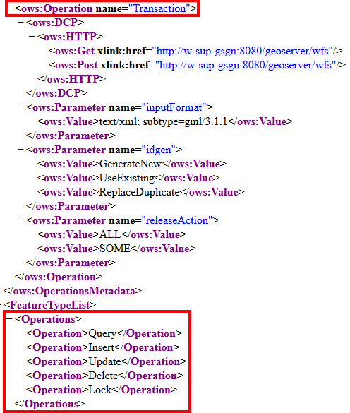 Example of the transaction operation in the GetCapabilities Response of a WFS-T Example of the transaction operation in the GetCapabilities Response of a WFS-T