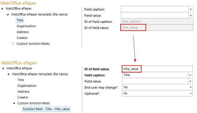 Specifying the ID of field value of a function field (here: function field Title) Specifying the ID of field value of a function field (here: function field Title)