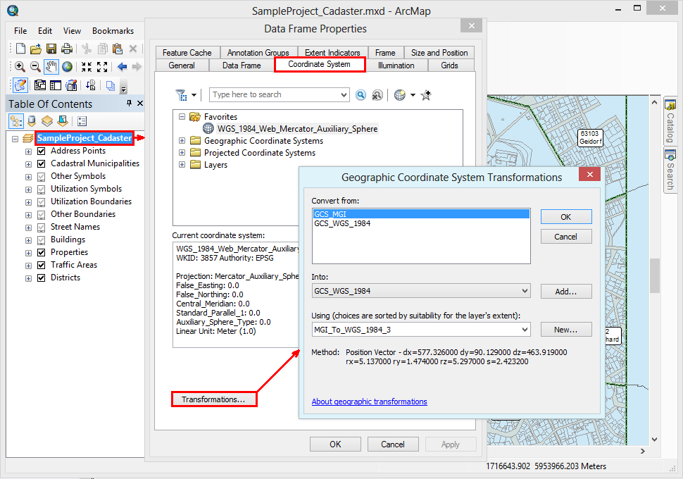 Configuration of the transformation of the main map service in ArcMap Configuration of the transformation of the main map service in ArcMap