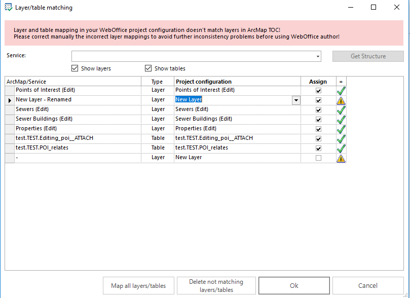 Assigning the existing WebOffice 10.9 R5 layer to the changed ArcMap layer