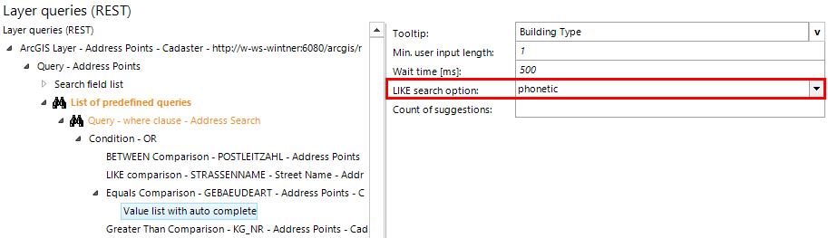Configuration of the LIKE-search option using the equals comparison