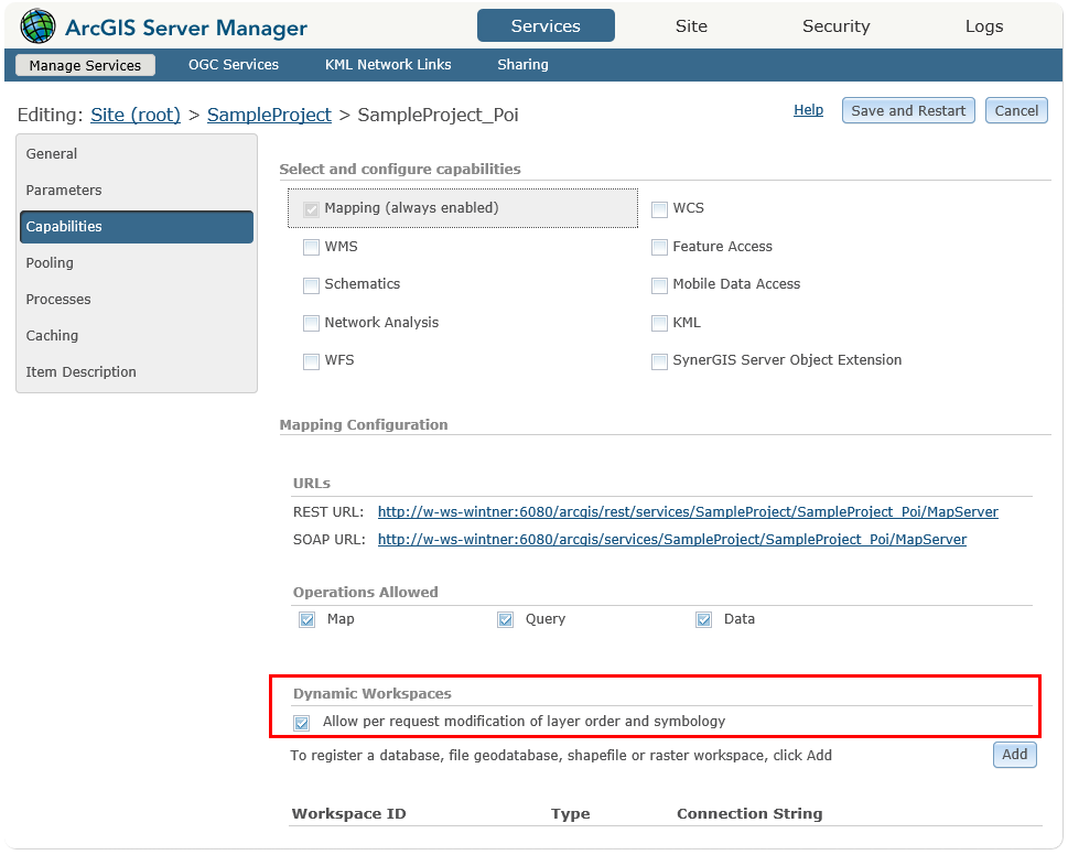 Activate dynamic workspaces on the concerned map service Activate dynamic workspaces on the concerned map service