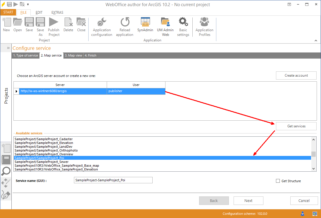 Wizard "Add service" - select an ArcGIS map service Wizard "Add service" - select an ArcGIS map service