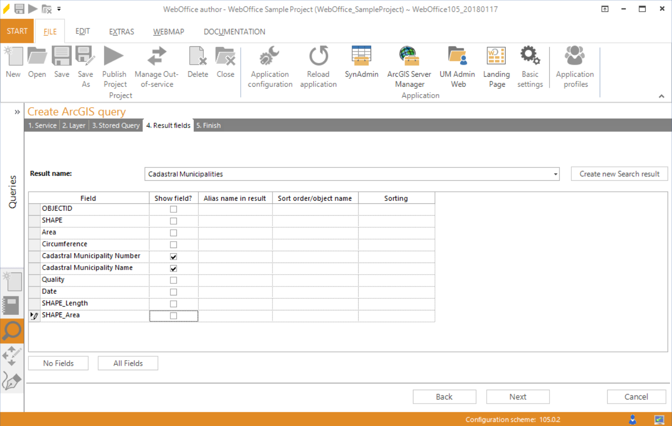 Wizard "Create ArcGIS query" - select result fields Wizard "Create ArcGIS query" - select result fields