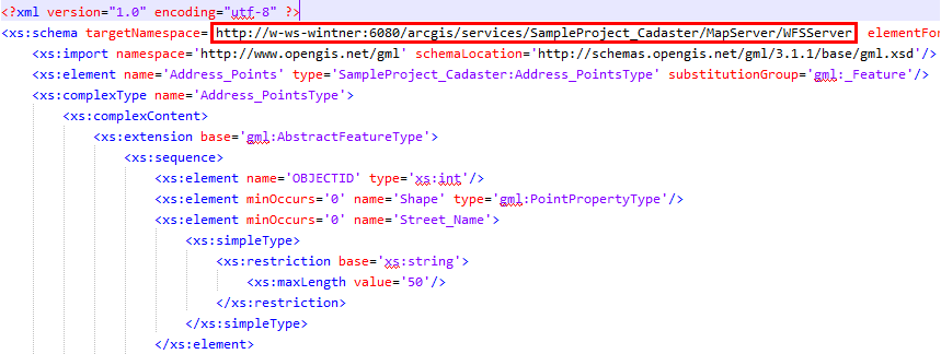 targetNamespace property of schema in WFS schema file