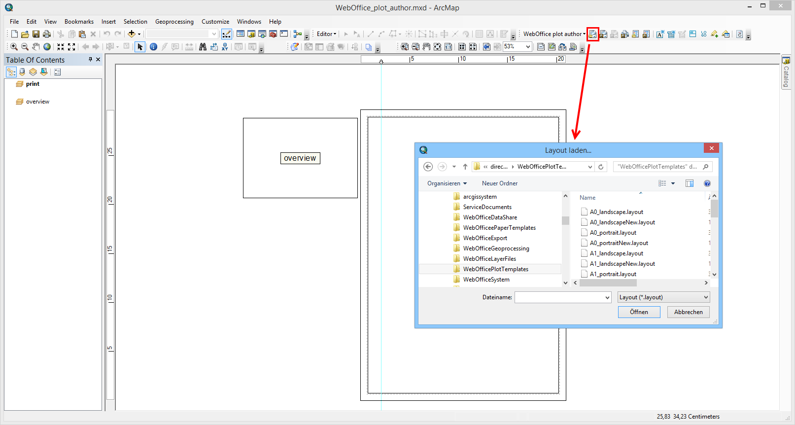 Opening of the WebOffice_plot_author.mxd with activated data frame "print" and the "Layout View" with inserting of a print template Opening of the WebOffice_plot_author.mxd with activated data frame "print" and the "Layout View" with inserting of a print template