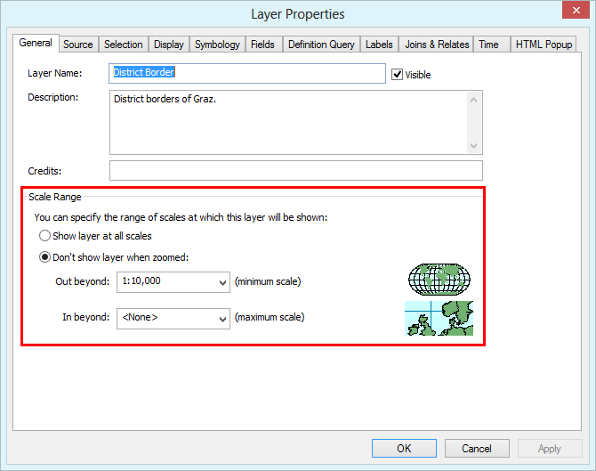 &nbsp;ArcMap layer properties - scale ranges